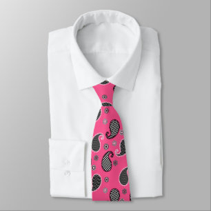 Paisley pattern, fuchsia pink, black and white tie