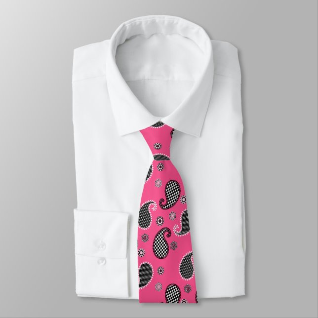 Paisley pattern, fuchsia pink, black and white tie (Tied)