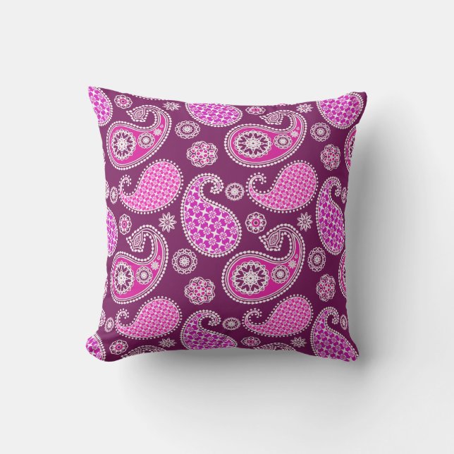 Paisley pattern, fuchsia pink, purple and white throw pillow (Front)