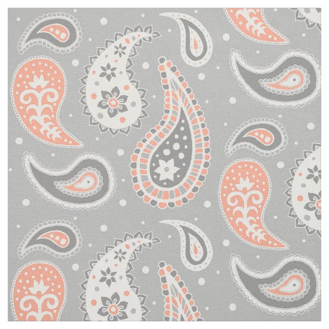 Paisley Pattern Grey and Coral Fabric (Swatch)