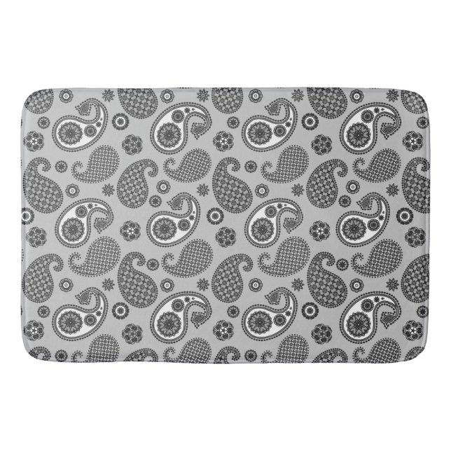 Paisley Pattern, Grey, Black and White   Bath Mat (Front)