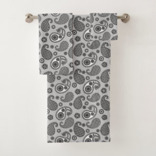 Paisley Pattern, Grey, Black and White Bath Towel Set