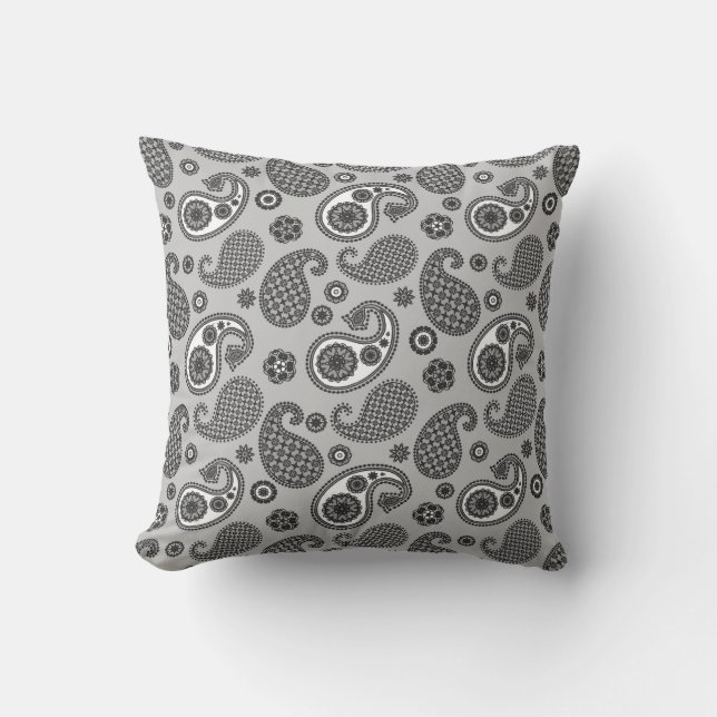 Paisley Pattern, Grey, Black and White   Throw Pillow (Front)
