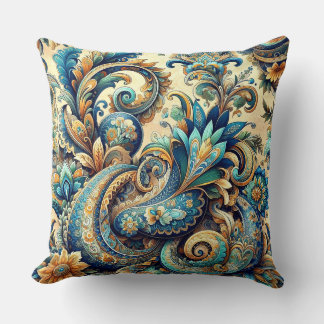 Paisley pattern in blues throw pillow