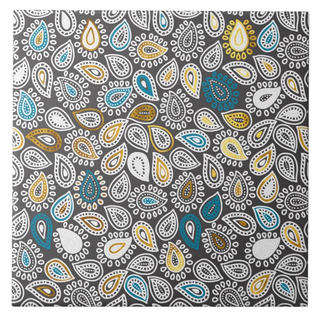 Paisley pattern in white, grey, gold and turquoise tile (Front)