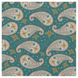 Paisley Pattern in Yellow   Blue   Greige on Teal Fabric