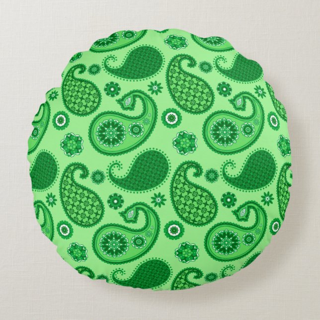 Paisley Pattern, Jade and Emerald Green Round Pillow (Front)