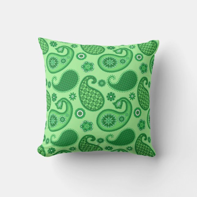 Paisley Pattern, Jade and Emerald Green Throw Pillow (Front)