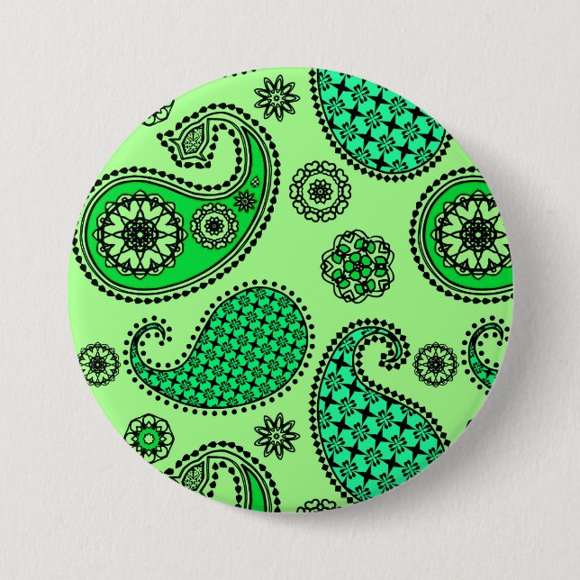 Paisley pattern, jade and mint green 3 inch round button (Front)
