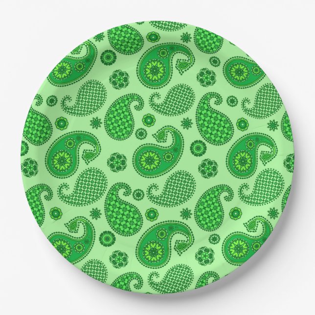 Paisley Pattern, Lime and Emerald Green  Paper Plate (Front)
