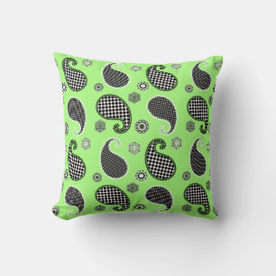 Paisley pattern, lime green, black and white throw pillow
