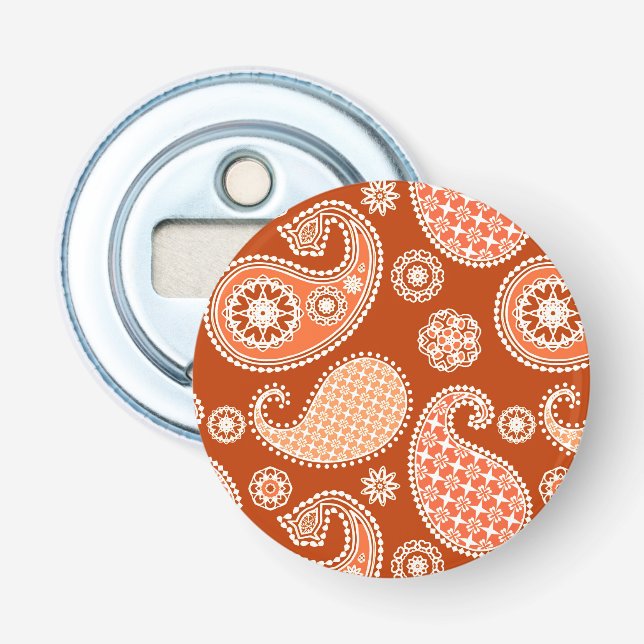 Paisley pattern, Mandarin Orange and White Bottle Opener (Front)