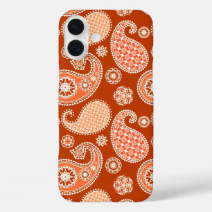 Paisley pattern, Mandarin Orange and White iPhone 16 Plus Case