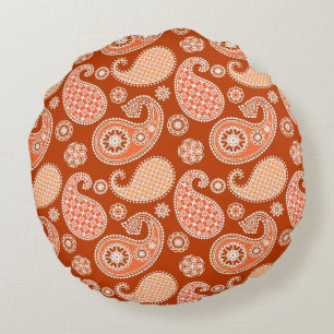 Paisley pattern, Mandarin Orange and White Round Pillow