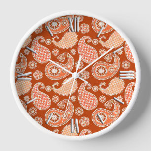 Paisley pattern, Mandarin Orange and White Wall Clock