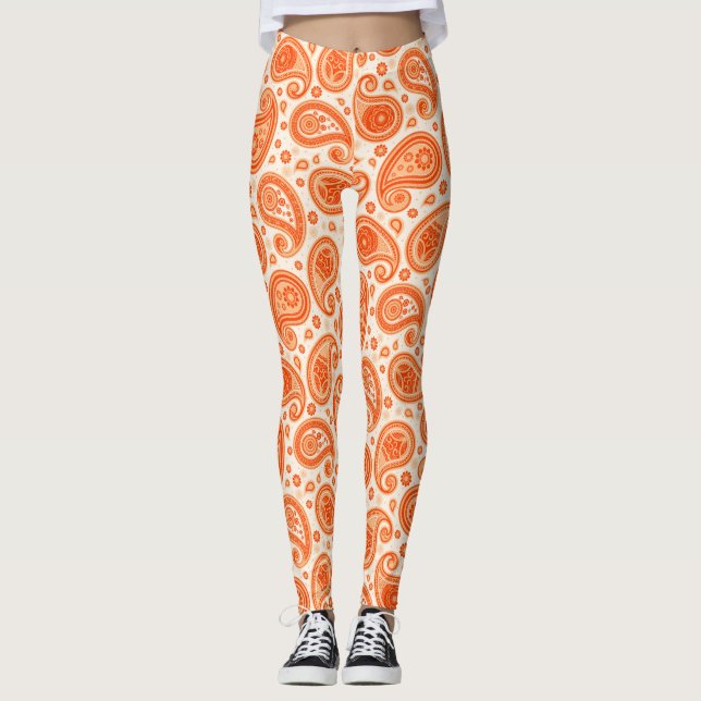 Paisley pattern orange elegant yoga pants (Front)
