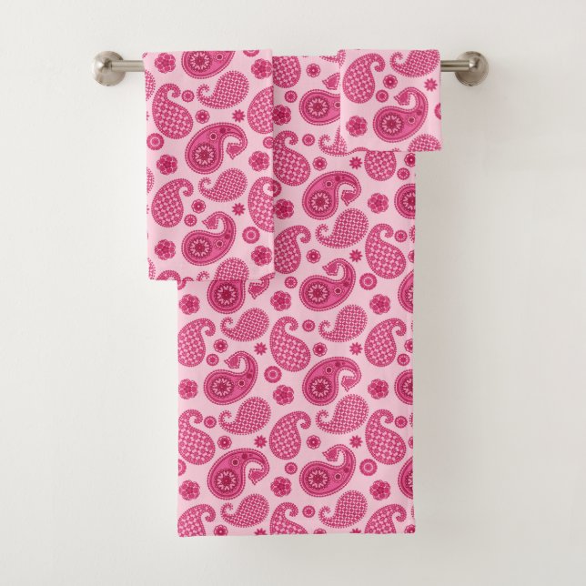 Paisley Pattern, Pastel Coral Pink and Fuchsia Bath Towel Set (Insitu)