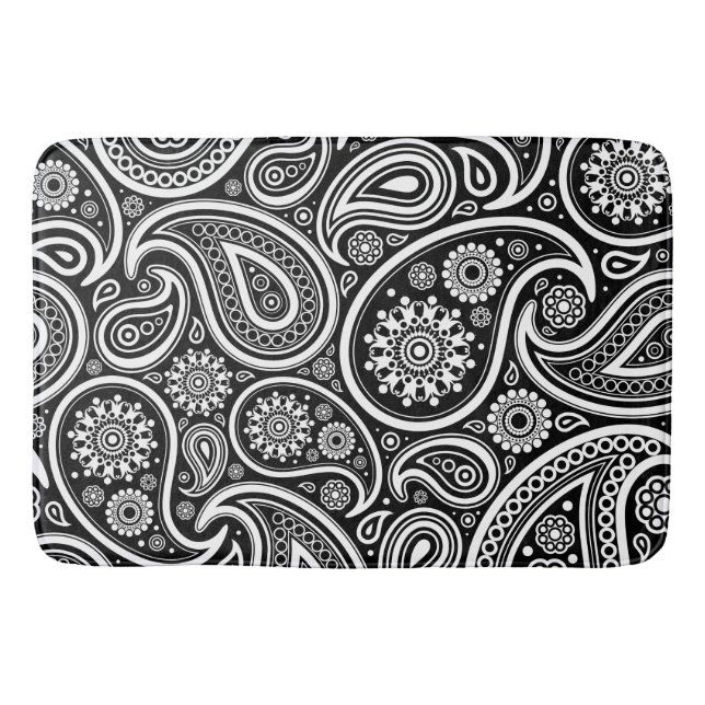 Paisley Pattern, Persian Paisley, Black and White Bath Mat (Front)