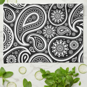 Paisley Pattern, Persian Paisley, Black and White Kitchen Towel