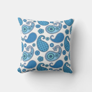 Paisley pattern, shades of blue on white outdoor pillow