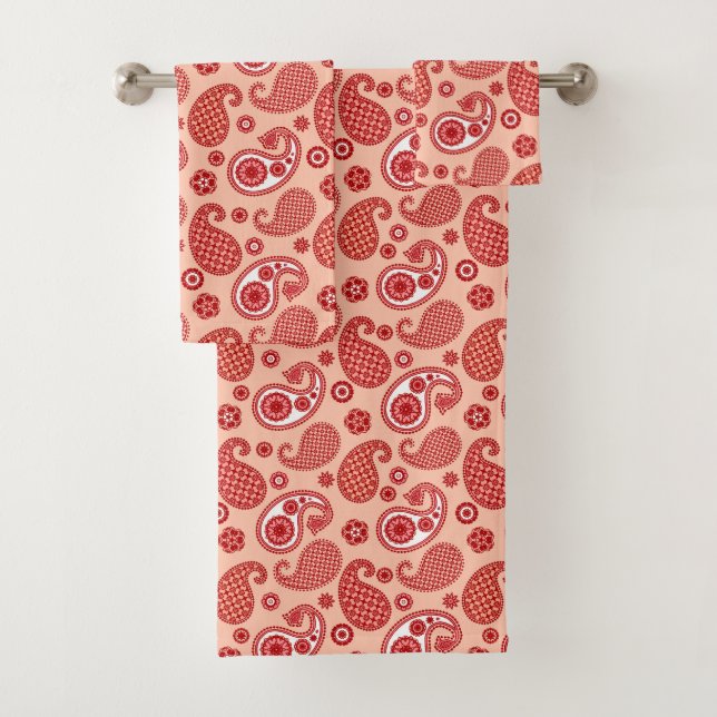 Paisley Pattern, Shades of Coral Orange  Bath Towel Set (Insitu)