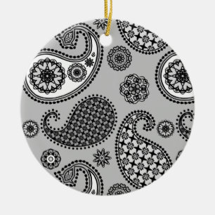 Paisley pattern, shades of grey, black and white ceramic ornament