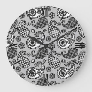 Paisley pattern, shades of grey, black and white large clock