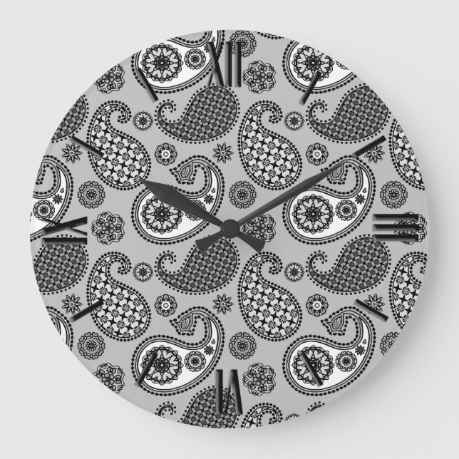 Paisley pattern, shades of grey, black and white large clock (Front)