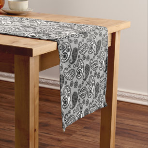 Paisley pattern, shades of grey, black and white short table runner