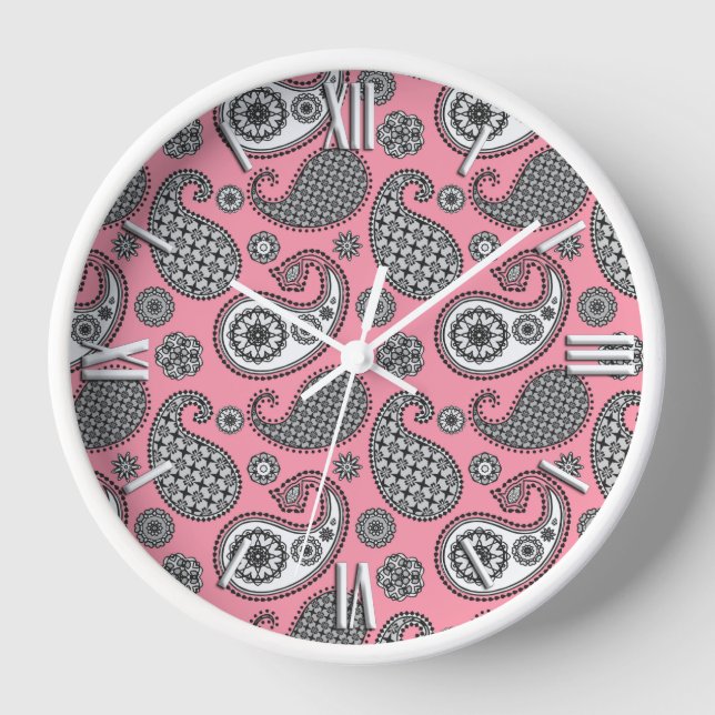 Paisley pattern, shades of grey on pink clock (Front)