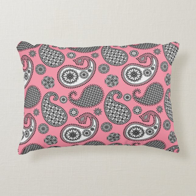 Paisley pattern, shades of grey on pink decorative pillow (Front)