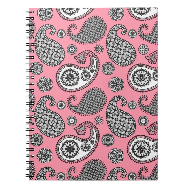 Paisley pattern, shades of grey on pink notebook (Front)
