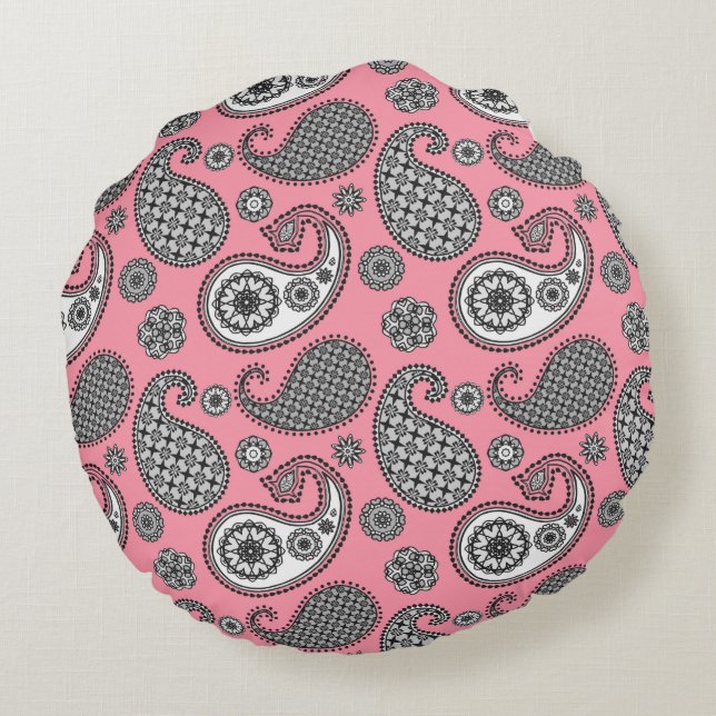 Paisley pattern, shades of grey on pink round pillow (Back)