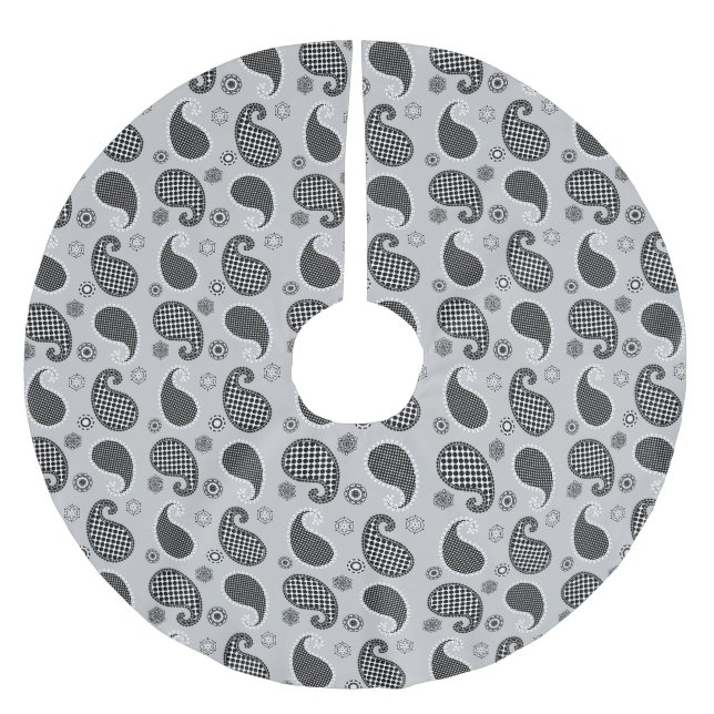 Paisley pattern, silver grey, black and white brushed polyester tree skirt (Front)