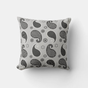 Paisley pattern, silver grey, black and white throw pillow