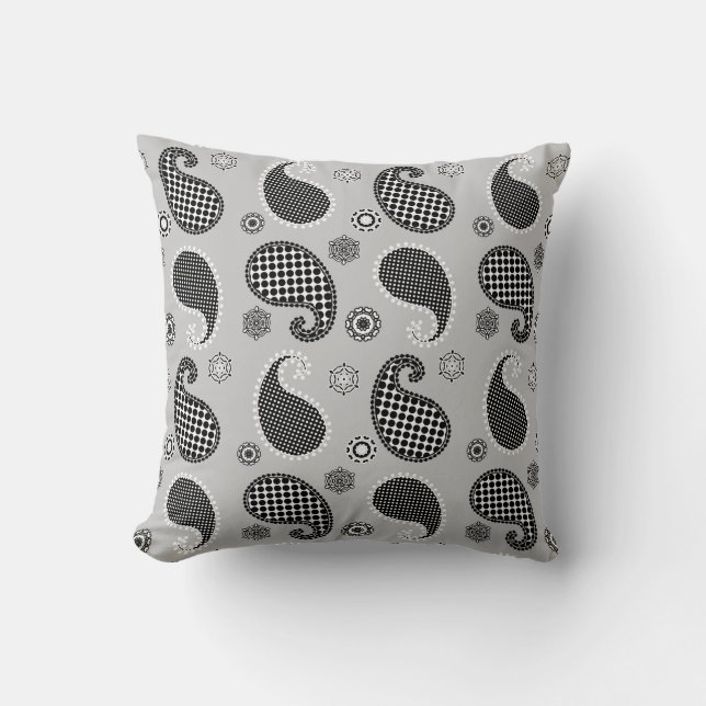Paisley pattern, silver grey, black and white throw pillow (Front)