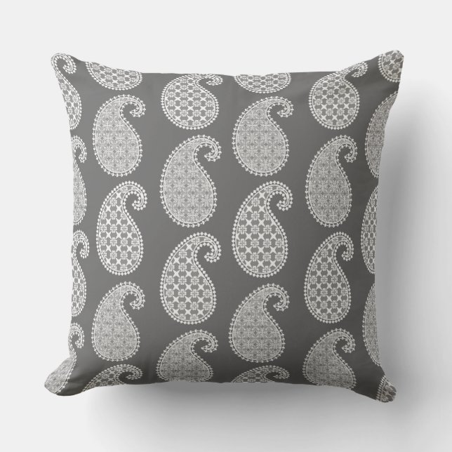 Paisley pattern, silver grey / grey and white throw pillow (Front)