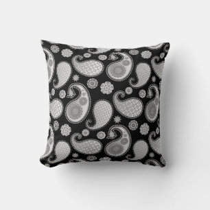 Paisley pattern, Silver Grey / Grey on Black Throw Pillow