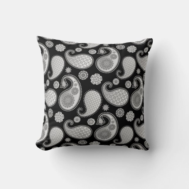 Paisley pattern, Silver Grey / Grey on Black Throw Pillow (Front)