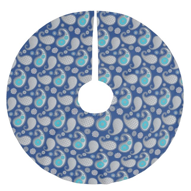 Paisley pattern, Silver Grey / Grey on Cobalt Blue Brushed Polyester Tree Skirt (Front)