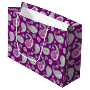 Paisley pattern, Silver Grey / Grey on Deep Purple Large Gift Bag