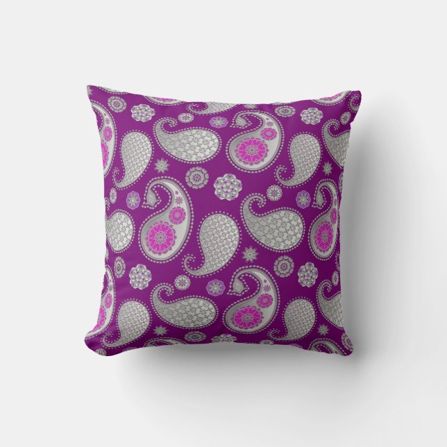 Paisley pattern, Silver Grey / Grey on Deep Purple Throw Pillow (Front)