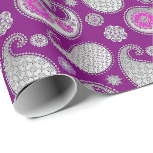 Paisley pattern, Silver Grey / Grey on Deep Purple Wrapping Paper