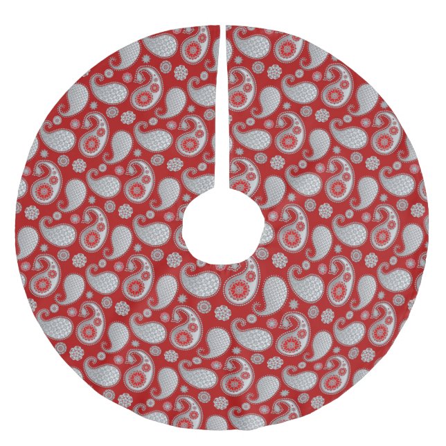 Paisley pattern, Silver Grey / Grey on Deep Red Brushed Polyester Tree Skirt (Front)