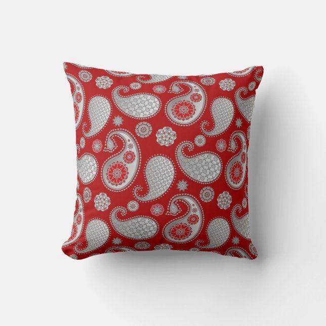 Paisley pattern, Silver Grey / Grey on Deep Red Throw Pillow (Front)