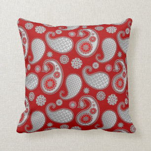 Paisley pattern, Silver Grey / Grey on Deep Red Throw Pillow