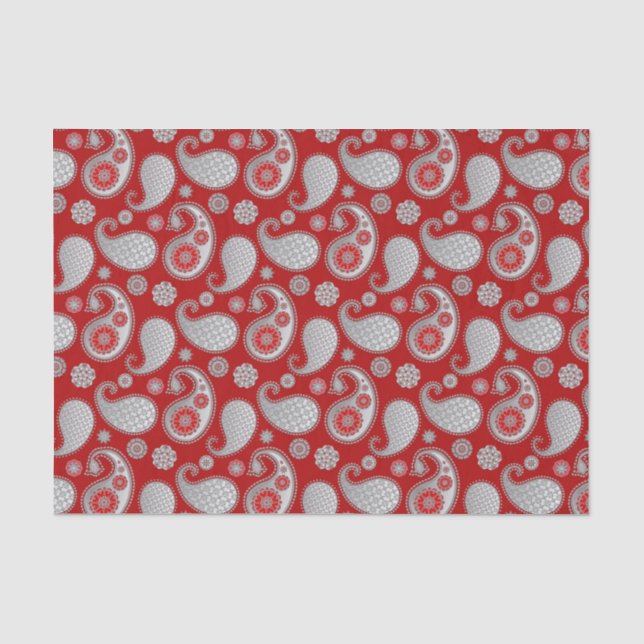 Paisley pattern, Silver Grey / Grey on Deep Red Tissue Paper (Front)