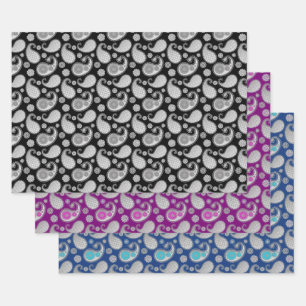 Paisley pattern, Silver on Black, Purple and Blue Wrapping Paper Sheet