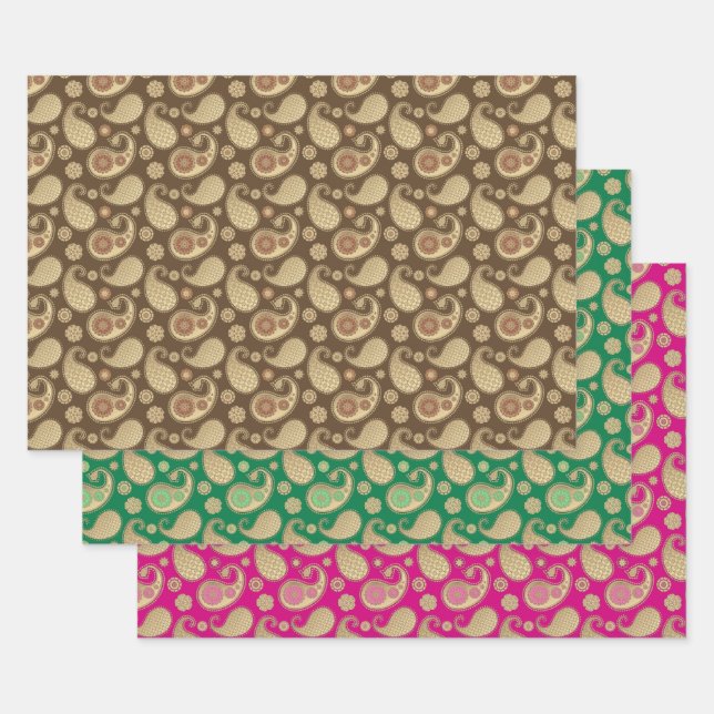 Paisley pattern, Soft Gold on Brown, Green & Pink  Wrapping Paper Sheet (Set)