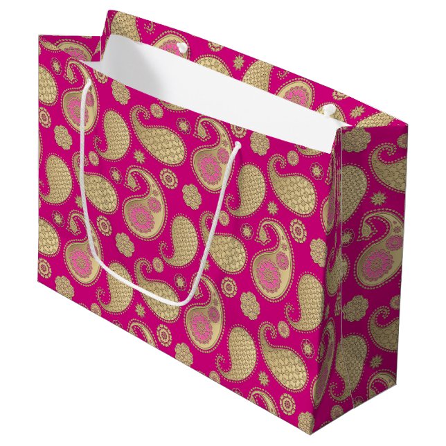 Paisley pattern, Soft Gold on Deep Fuchsia Pink Large Gift Bag (Front Angled)